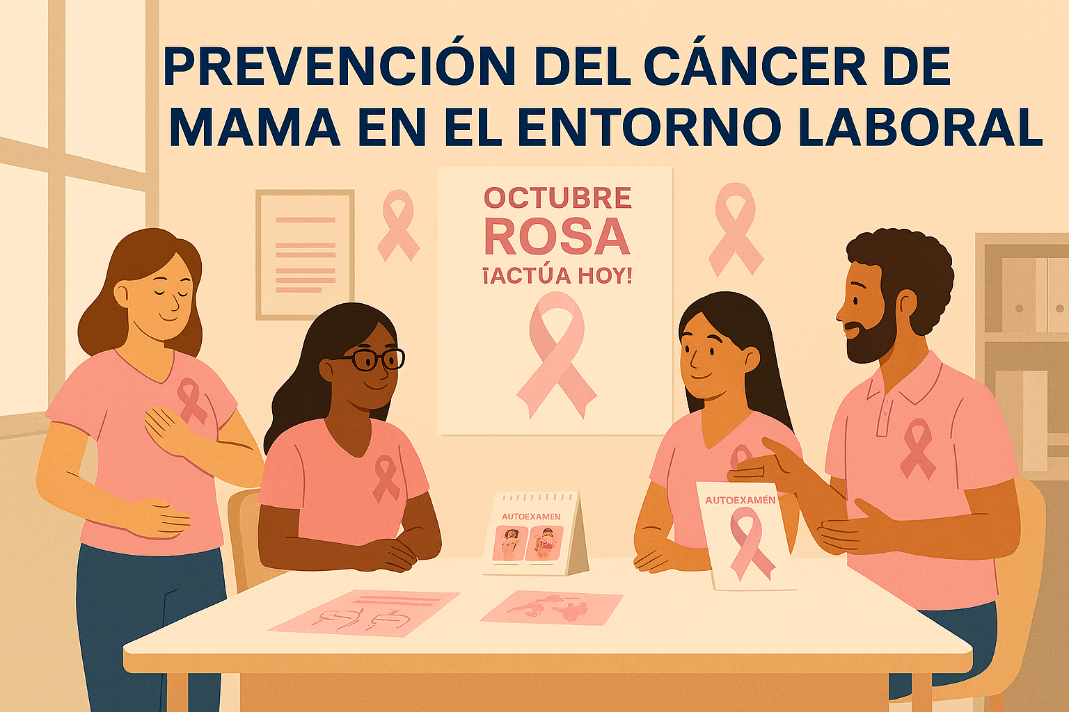 Colaboradores participando en actividades de prevención del cáncer de mama en el entorno laboral durante Octubre Rosa.