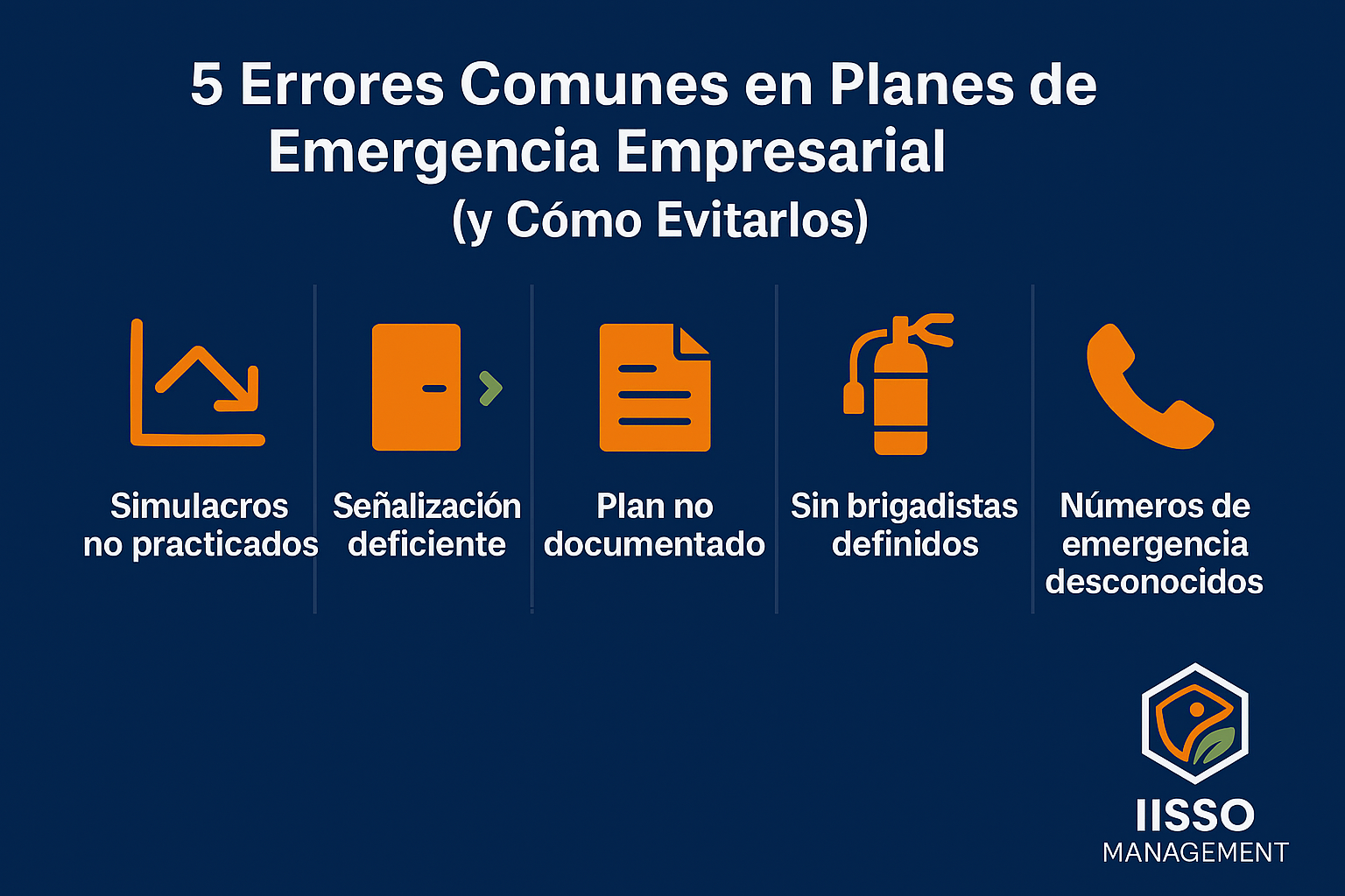 Infografía sobre los 5 errores comunes en planes de emergencia empresarial, con íconos representativos y diseño corporativo de IISSO Management.
